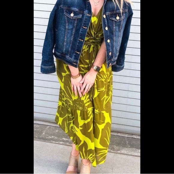 CAbi 5953 Tie Front Dress V-Neck Sleeveless Green Palm Tropical Floral Sz Large - Picture 7 of 17